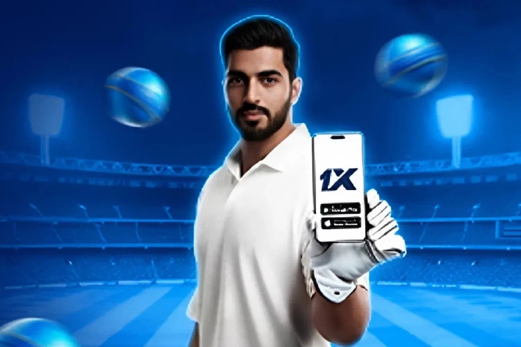 Cricketer holding up the app on his phone at the stadium — Cricket 24. Cyber League 2026