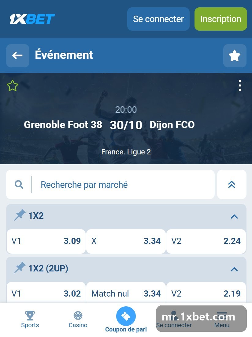 France. Ligue 2 : fiche d'un match avec ses premiers marchés