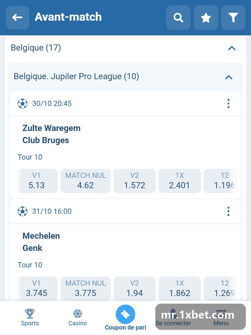 Belgium. Jupiler League: games of the round with W1, draw, W2