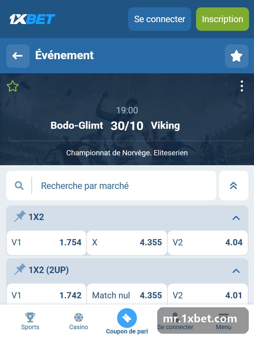 Championnat de Norvège. Eliteserien : fiche d'un match avec V1, X et V2