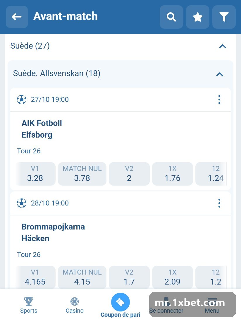 Suède. Allsvenskan : liste des matchs d'avant-match