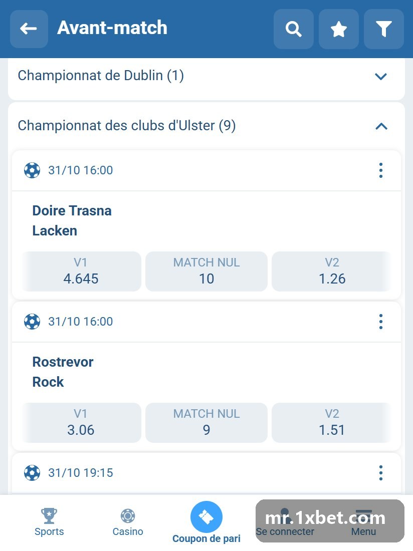 Ulster Junior Championship: fixture list with date, time and W1, DRAW, W2 prices