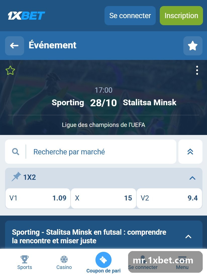 UEFA Champions League futsal: a match page with the 1X2